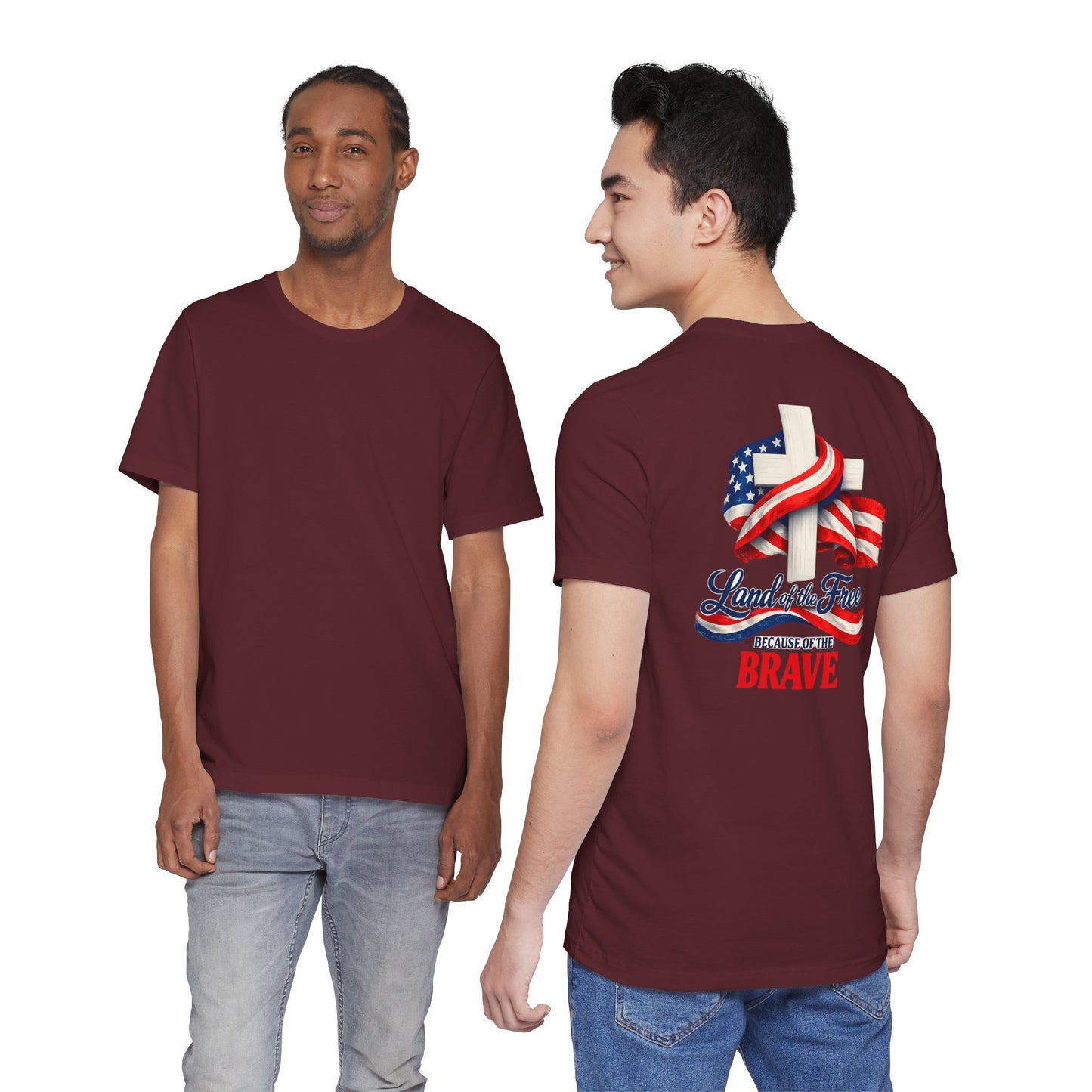 Land of the Free Because of the Brave Tee - Patriotic American Flag Cross T-Shirt