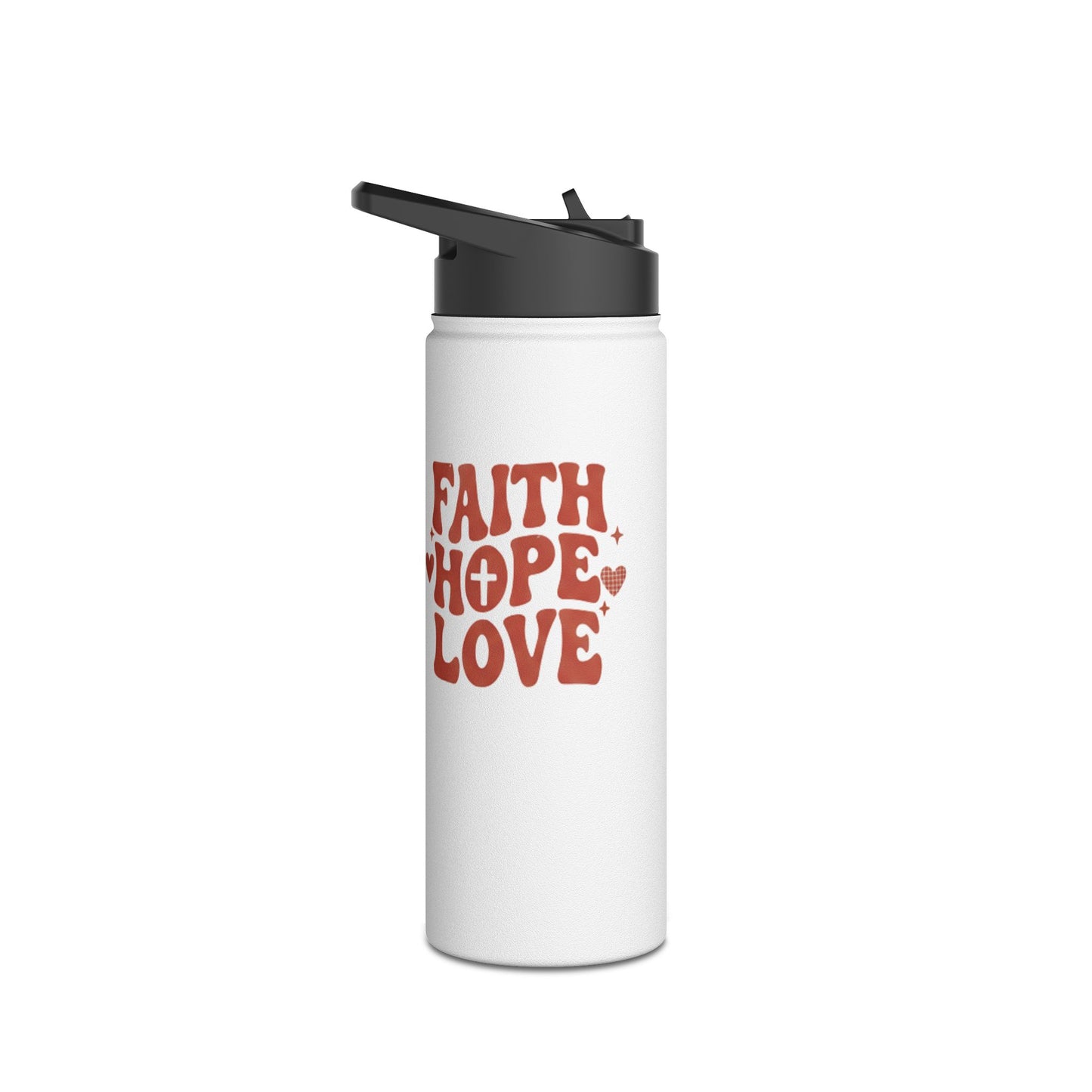 Faith Hope Love Stainless Steel Water Bottle — Retro Heart Typography