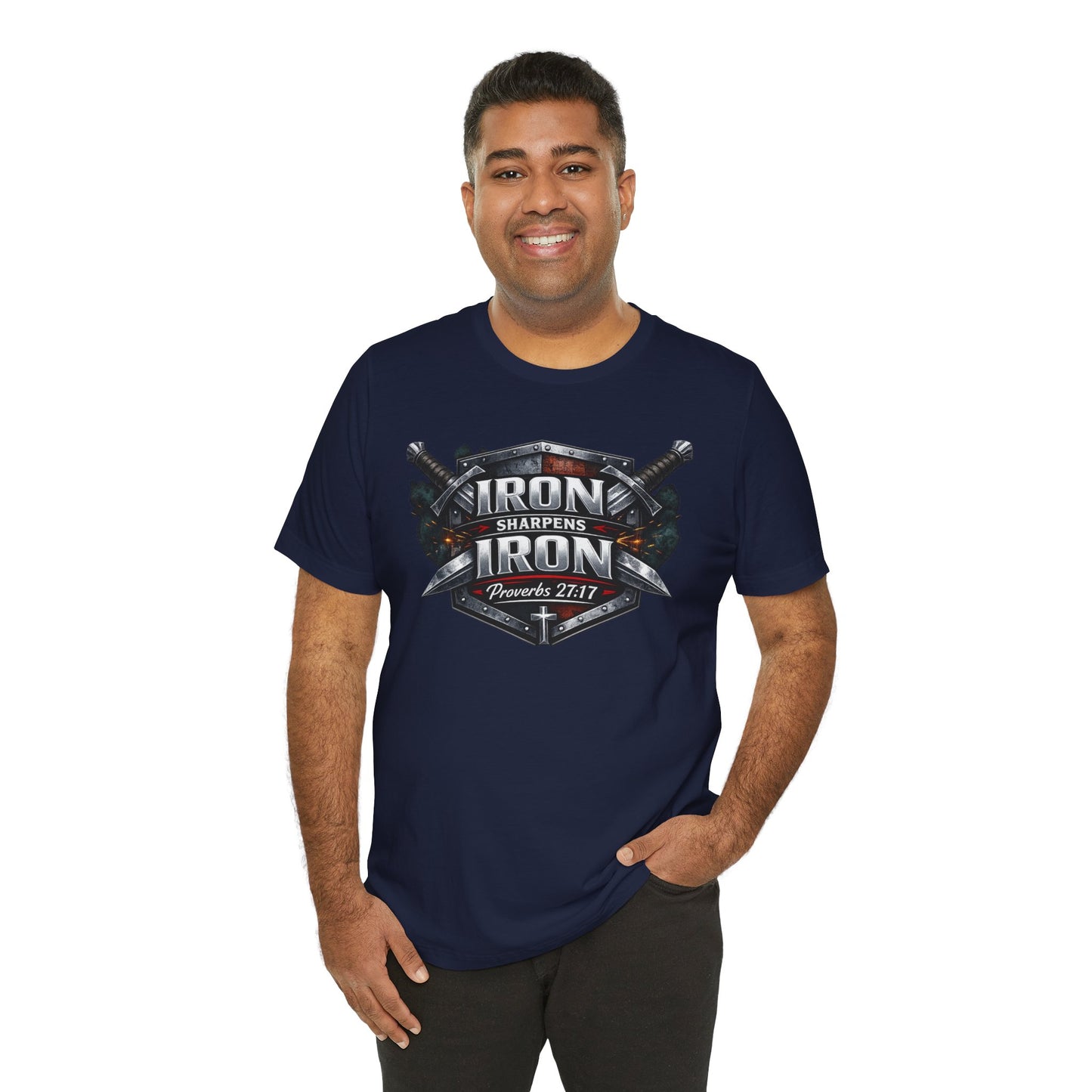 Iron Sharpens Iron T-Shirt — Faith-Based Proverbs 27:17 Graphic Tee