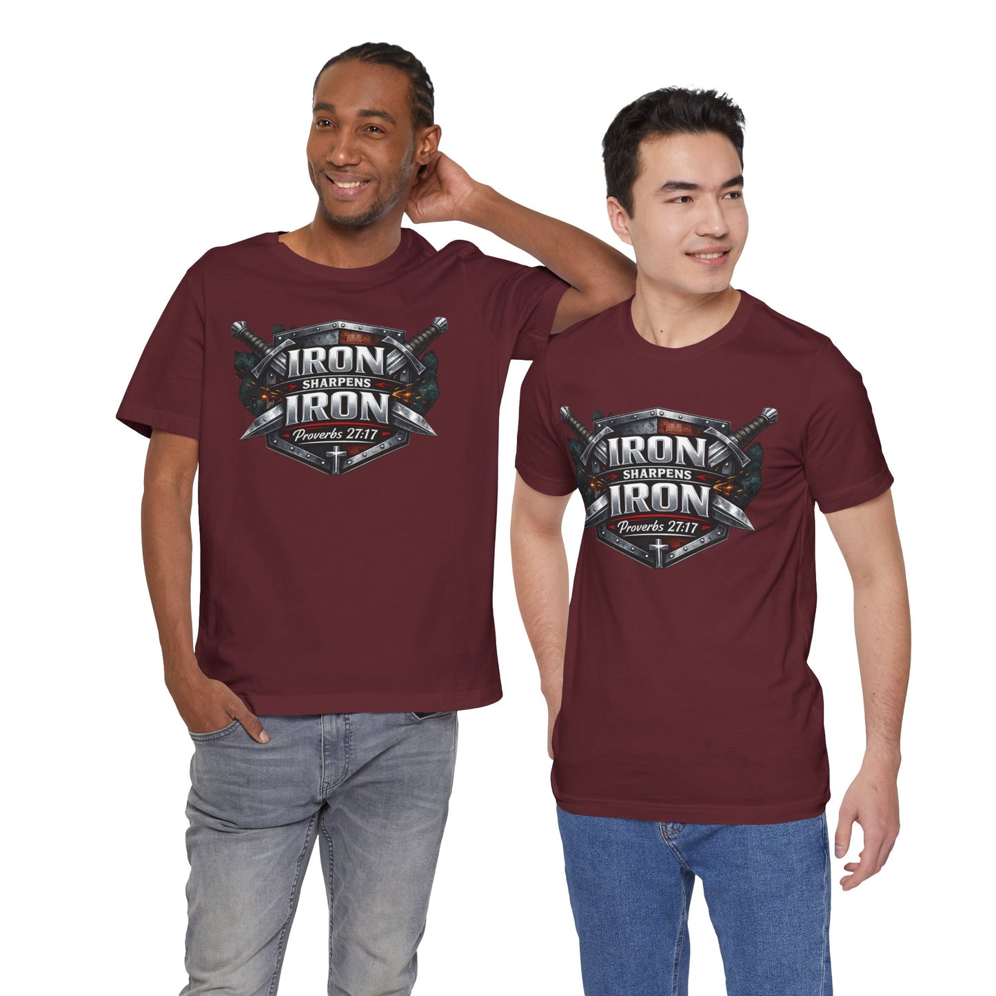Iron Sharpens Iron T-Shirt — Faith-Based Proverbs 27:17 Graphic Tee