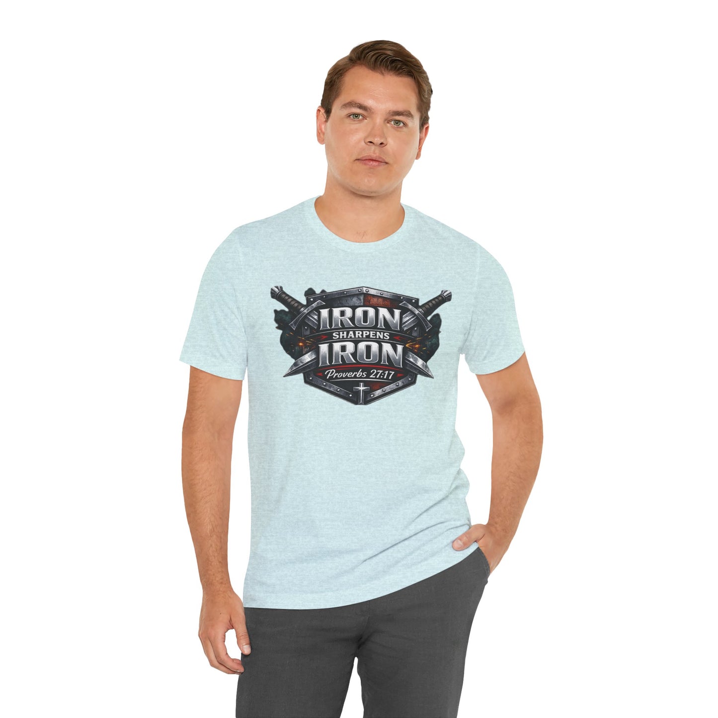 Iron Sharpens Iron T-Shirt — Faith-Based Proverbs 27:17 Graphic Tee