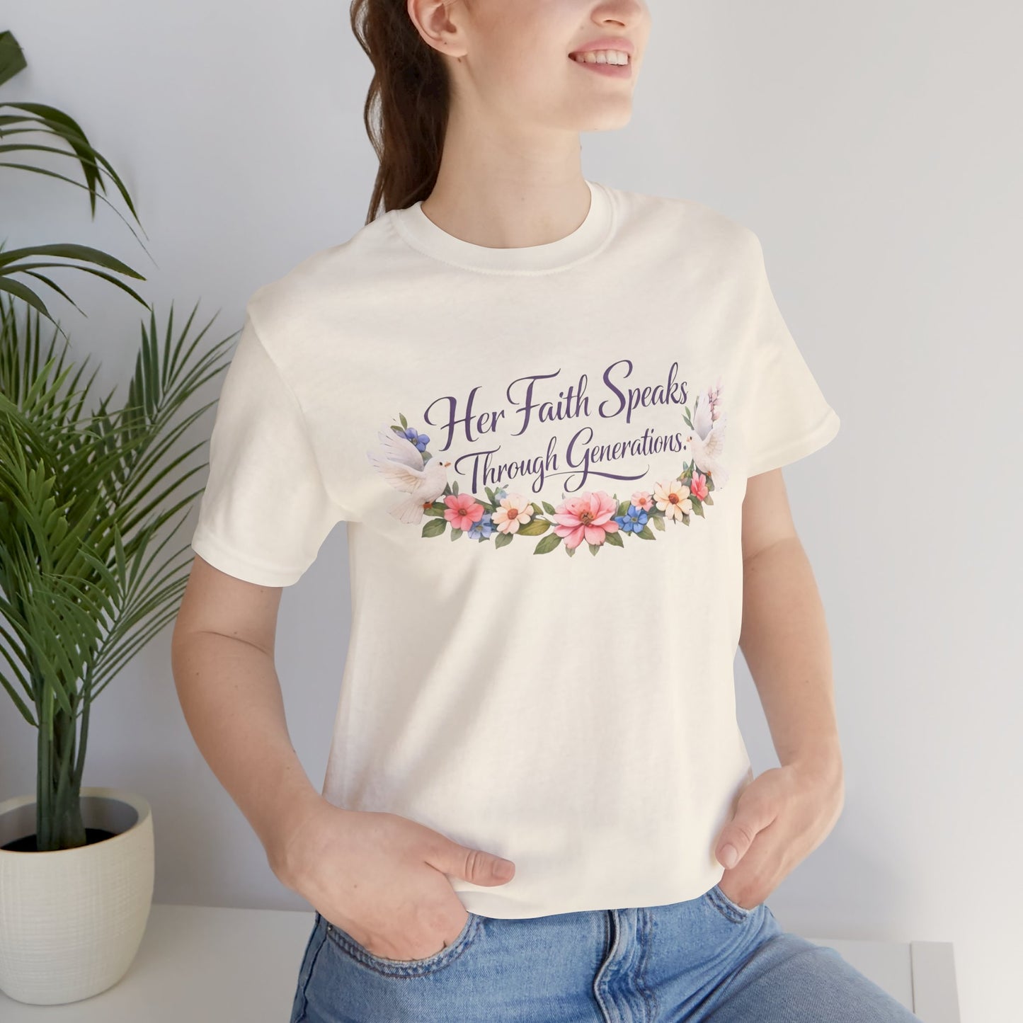 Her Faith Speaks Through Generations T-Shirt — Floral Inspirational Christian Tee