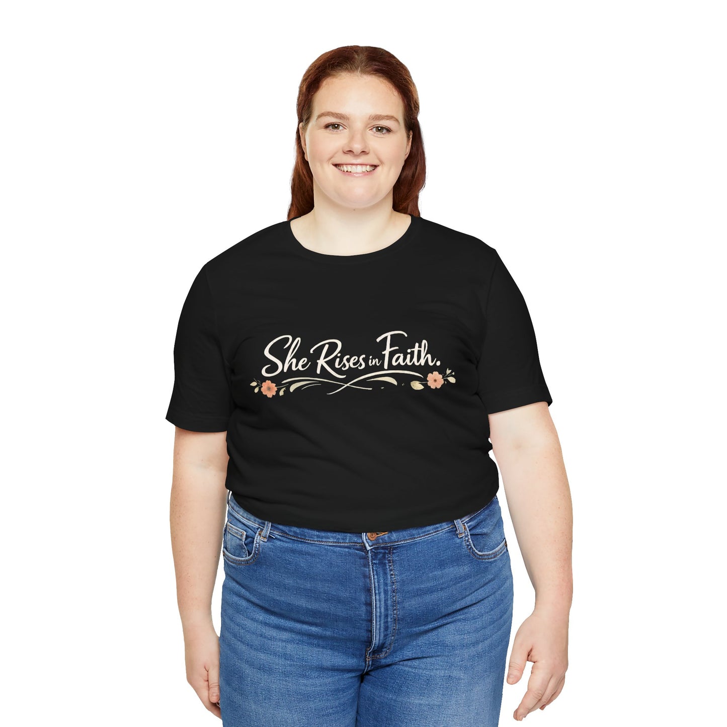 "She Rises In Faith" Chest Tee – Delicate Peach Blossom Graphic
