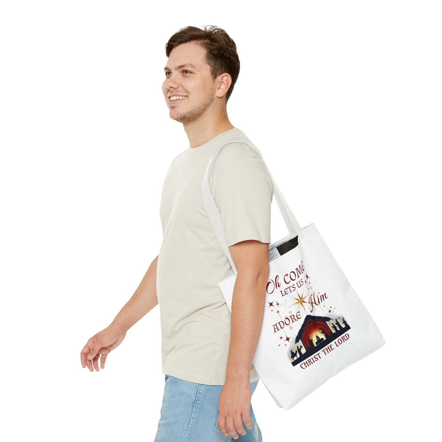 Nativity Scene Tote Bag with 'Oh come let us adore Him, Christ the Lord' Phrase