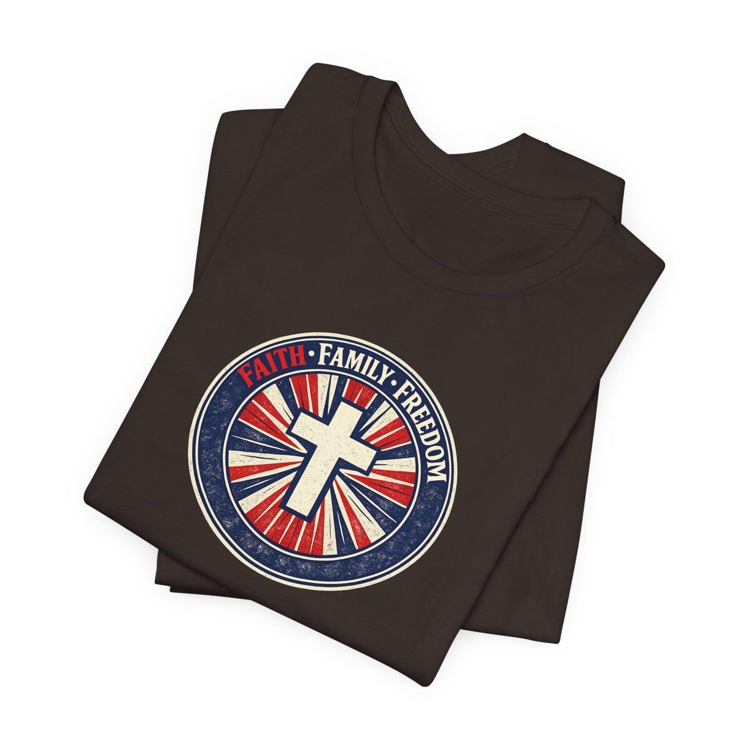 Faith Family Freedom T‑Shirt — Cross Emblem Patriotic Graphic Tee