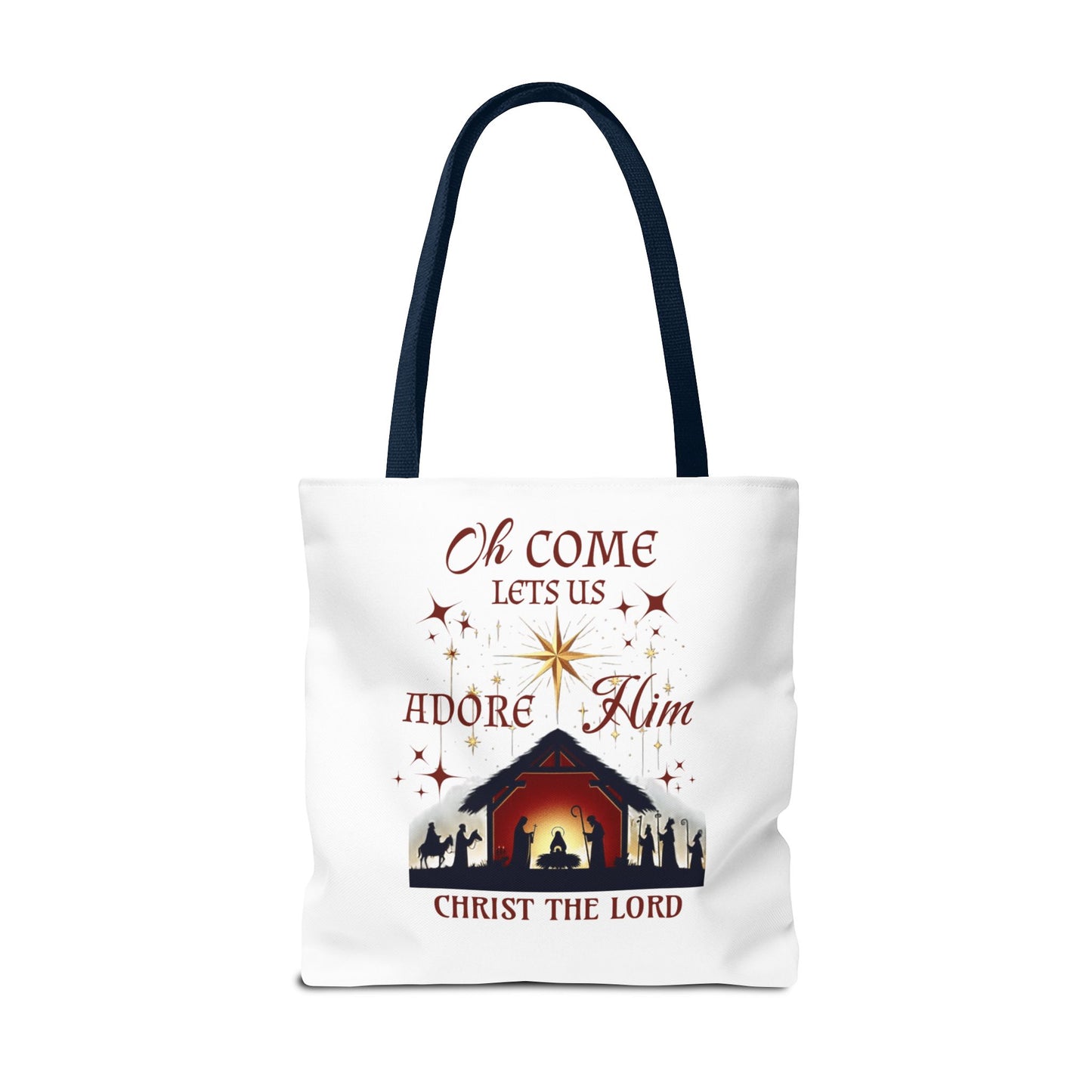 Nativity Scene Tote Bag with 'Oh come let us adore Him, Christ the Lord' Phrase