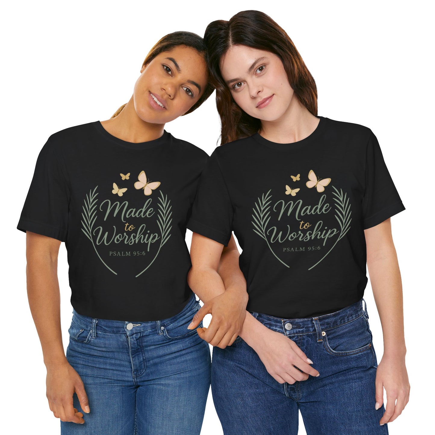 Made to Worship T-Shirt – Psalm 95:6 Christian Faith Tee with Butterflies