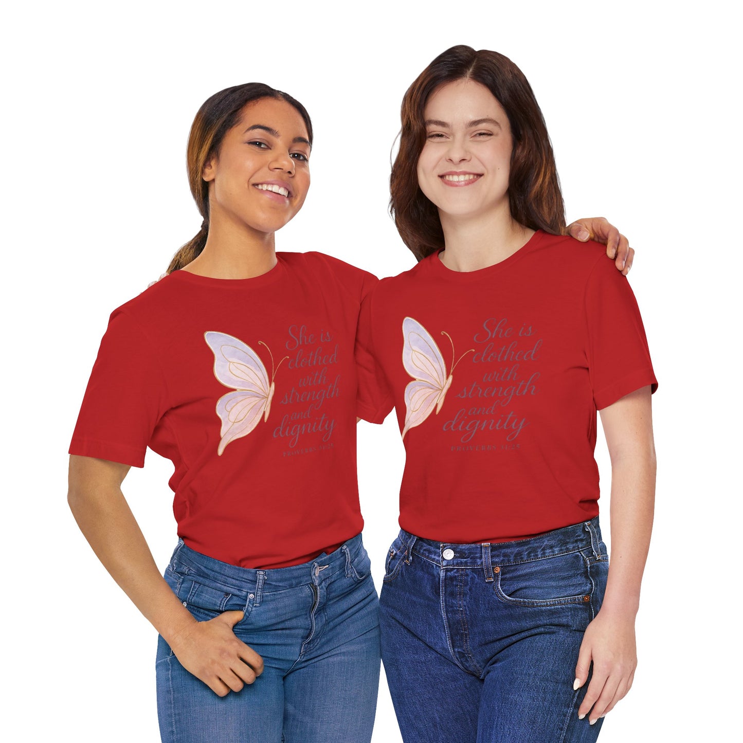 Inspirational "She is clothed with strength and dignity" Butterfly T-Shirt