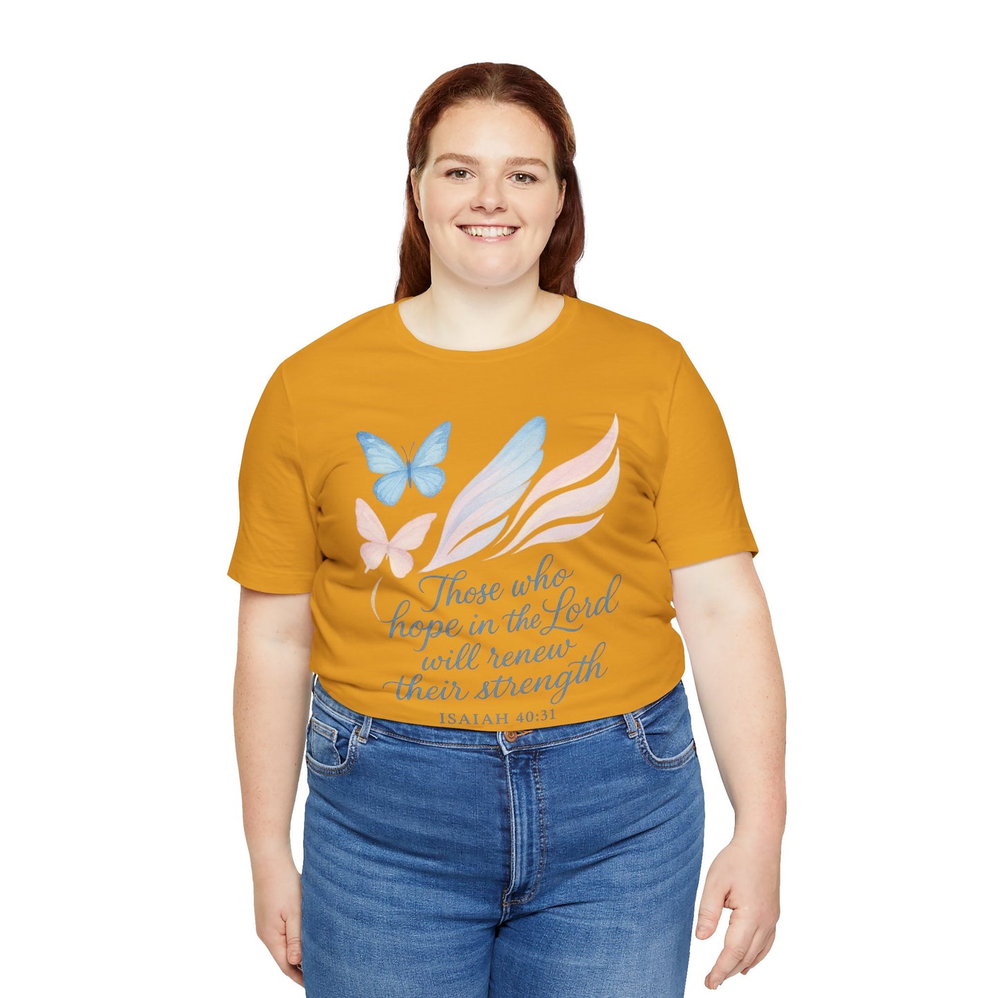 Inspirational Scripture T-Shirt – "Those Who Hope in the Lord" Isaiah 40:31, Pastel Butterflies