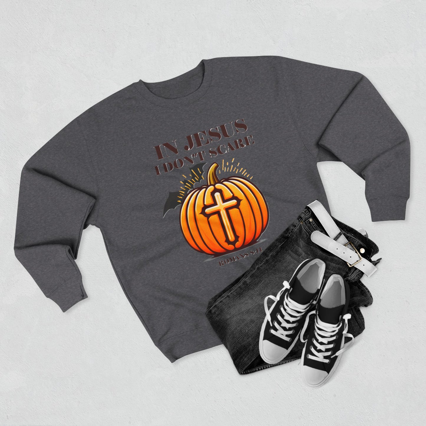 Christian Unisex Crewneck Sweatshirt with Bible Verse Romans 8:11 'IN JESUS I DON'T SCARE'