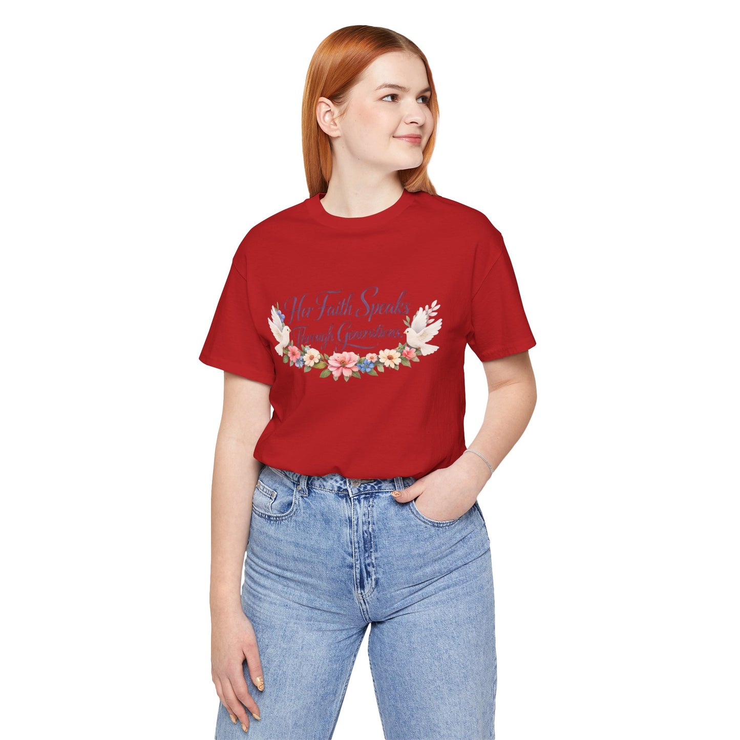 Her Faith Speaks Through Generations T-Shirt — Floral Inspirational Christian Tee