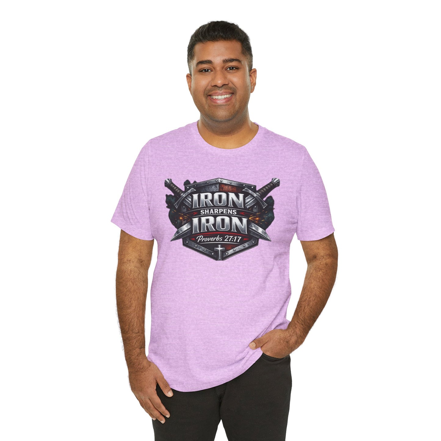 Iron Sharpens Iron T-Shirt — Faith-Based Proverbs 27:17 Graphic Tee