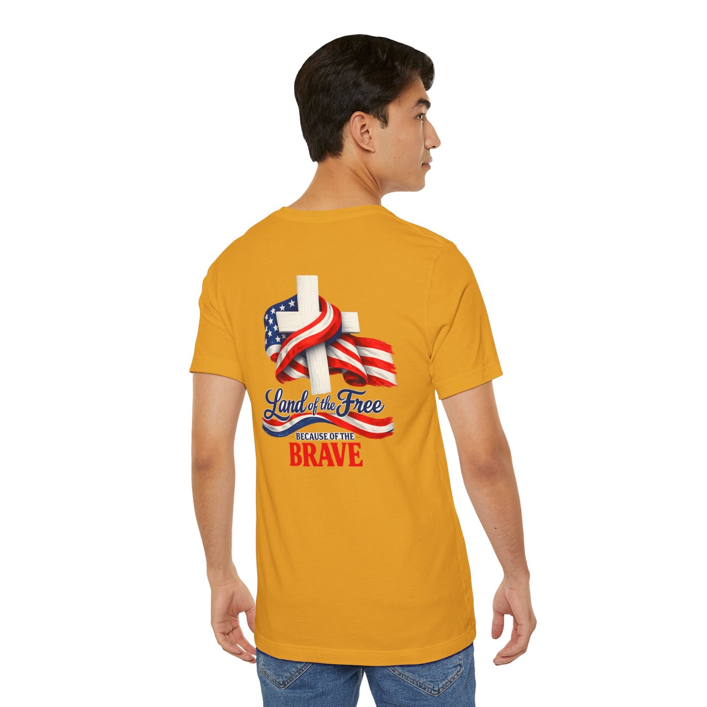 Land of the Free Because of the Brave Tee - Patriotic American Flag Cross T-Shirt