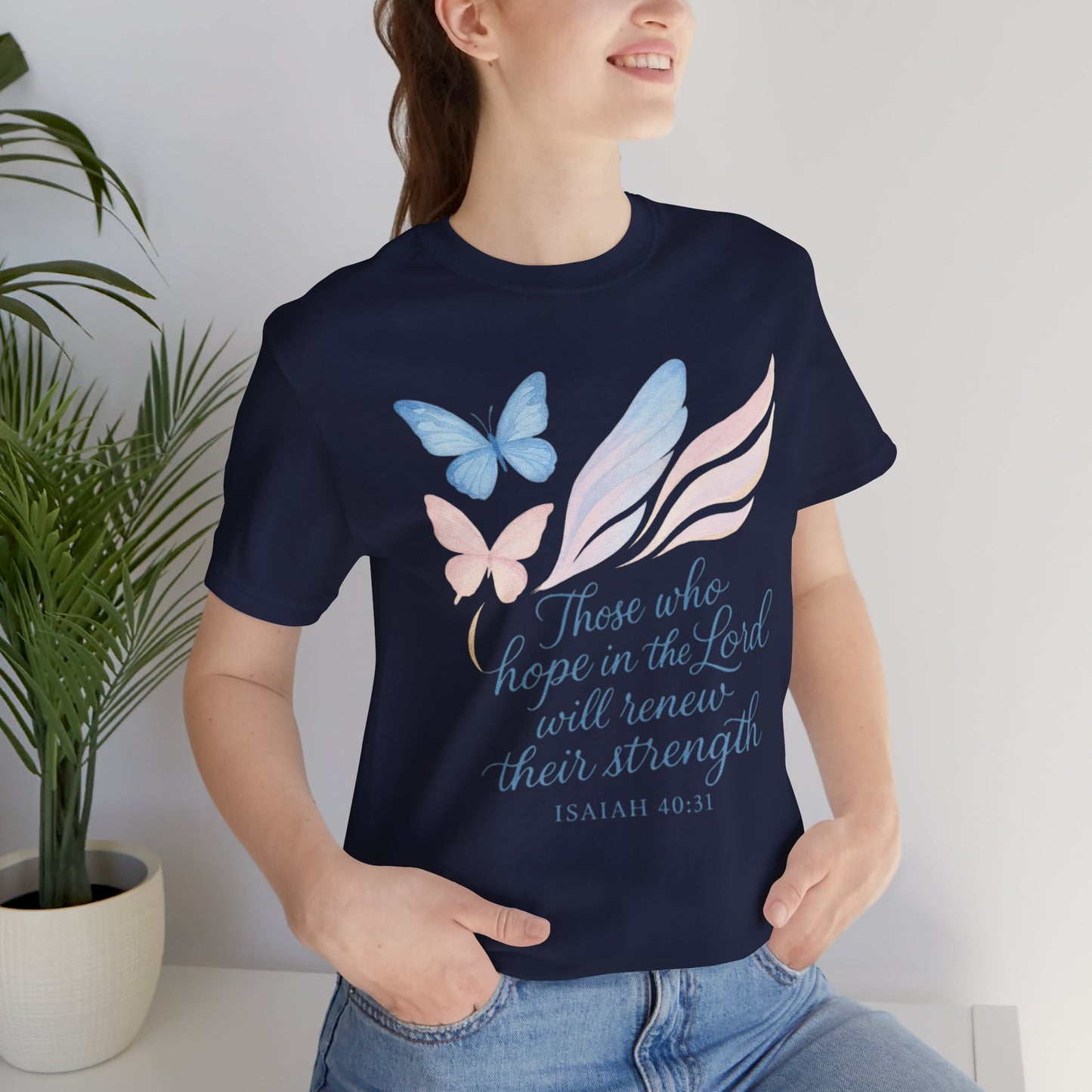 Inspirational Scripture T-Shirt – "Those Who Hope in the Lord" Isaiah 40:31, Pastel Butterflies