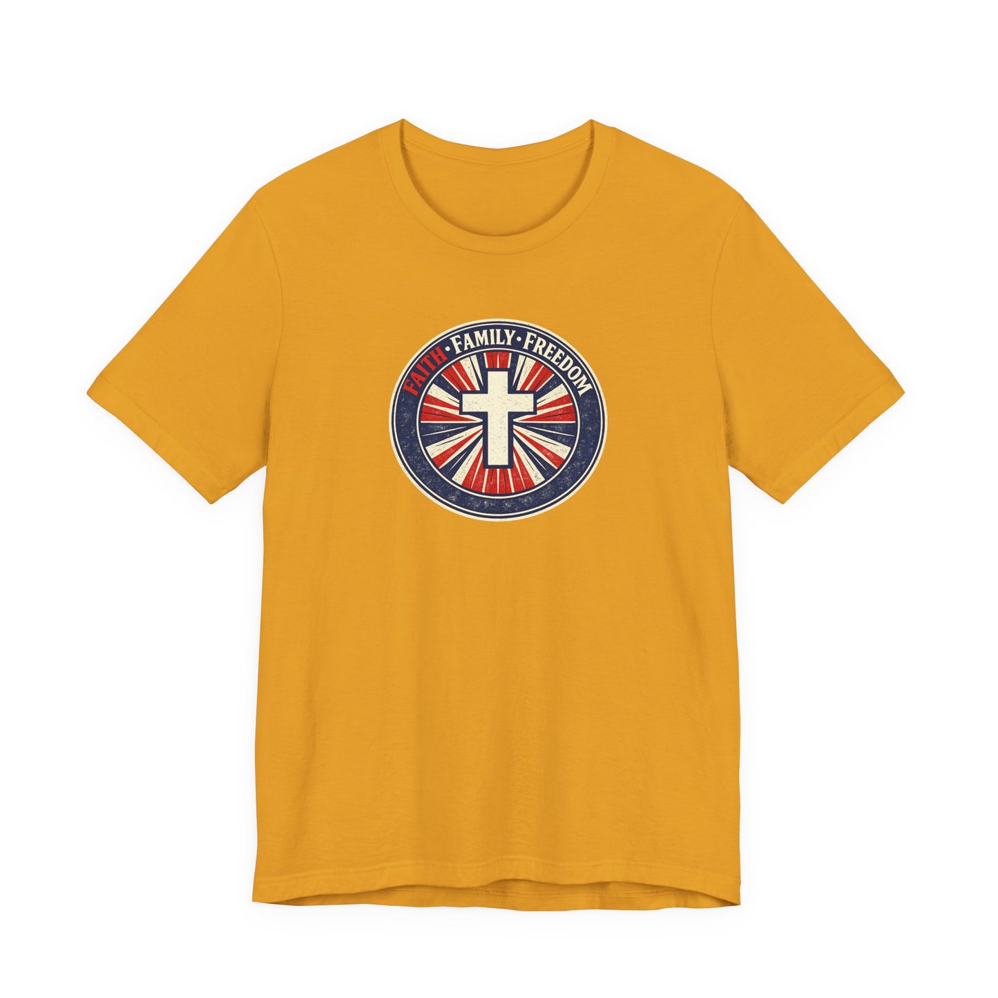Faith Family Freedom T‑Shirt — Cross Emblem Patriotic Graphic Tee