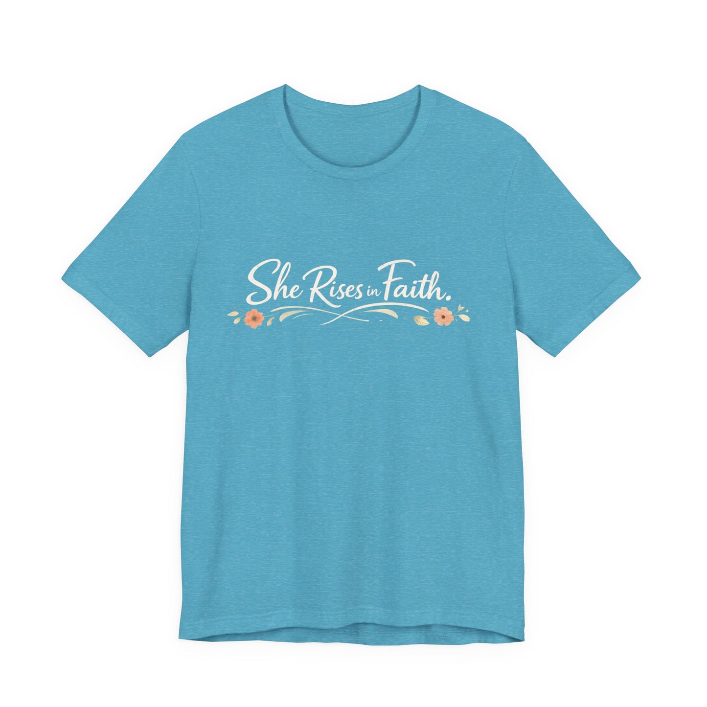 "She Rises In Faith" Chest Tee – Delicate Peach Blossom Graphic