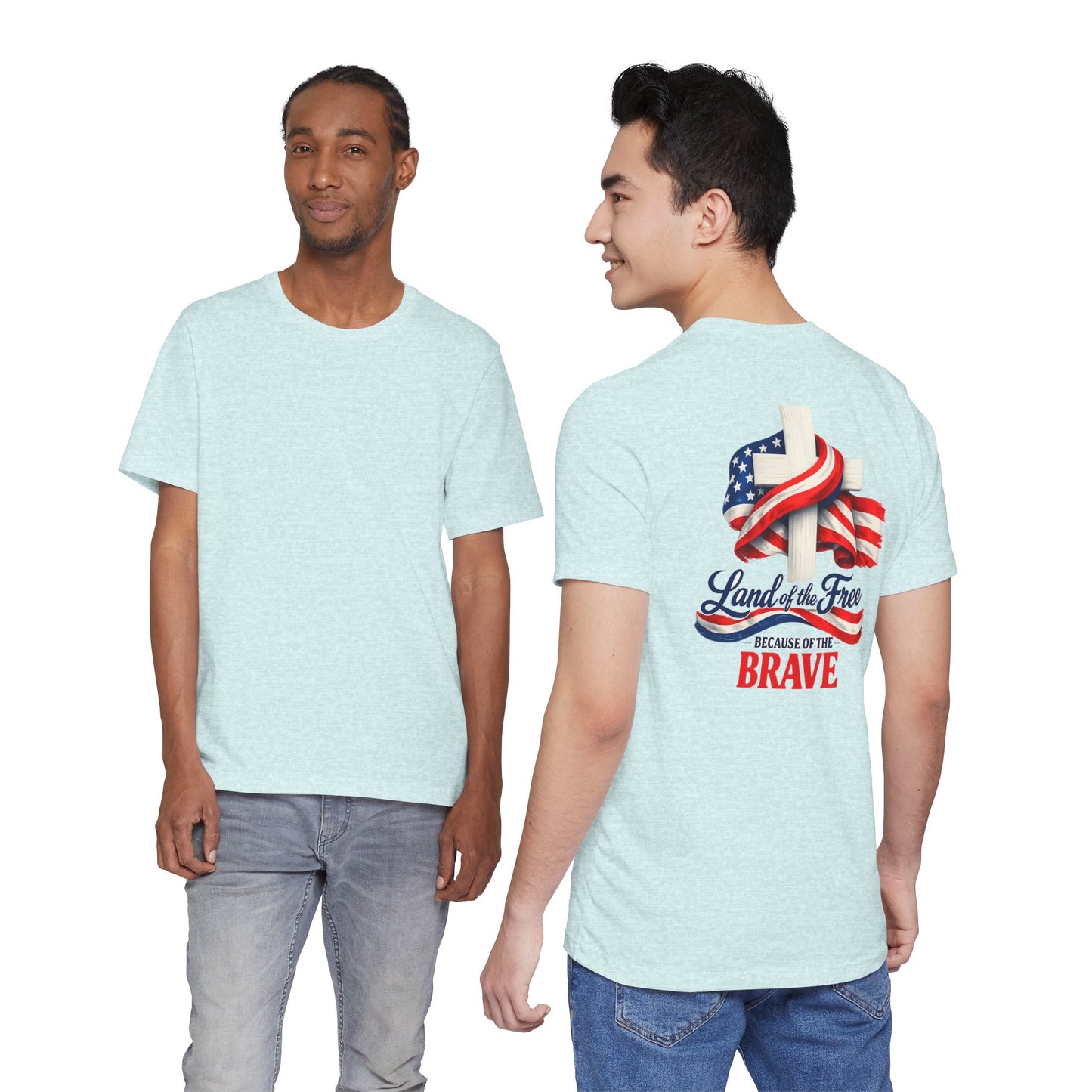Land of the Free Because of the Brave Tee - Patriotic American Flag Cross T-Shirt