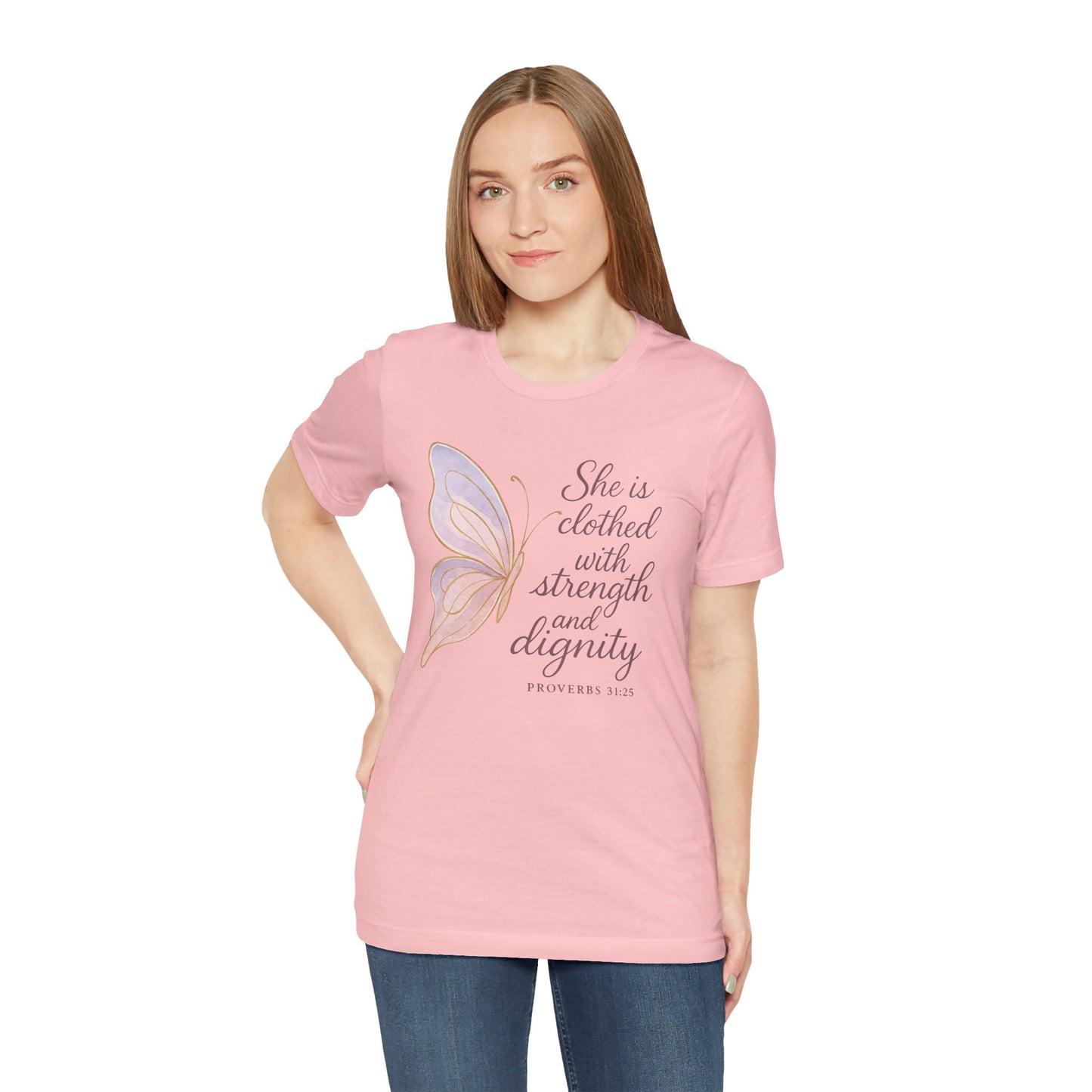 Inspirational "She is clothed with strength and dignity" Butterfly T-Shirt