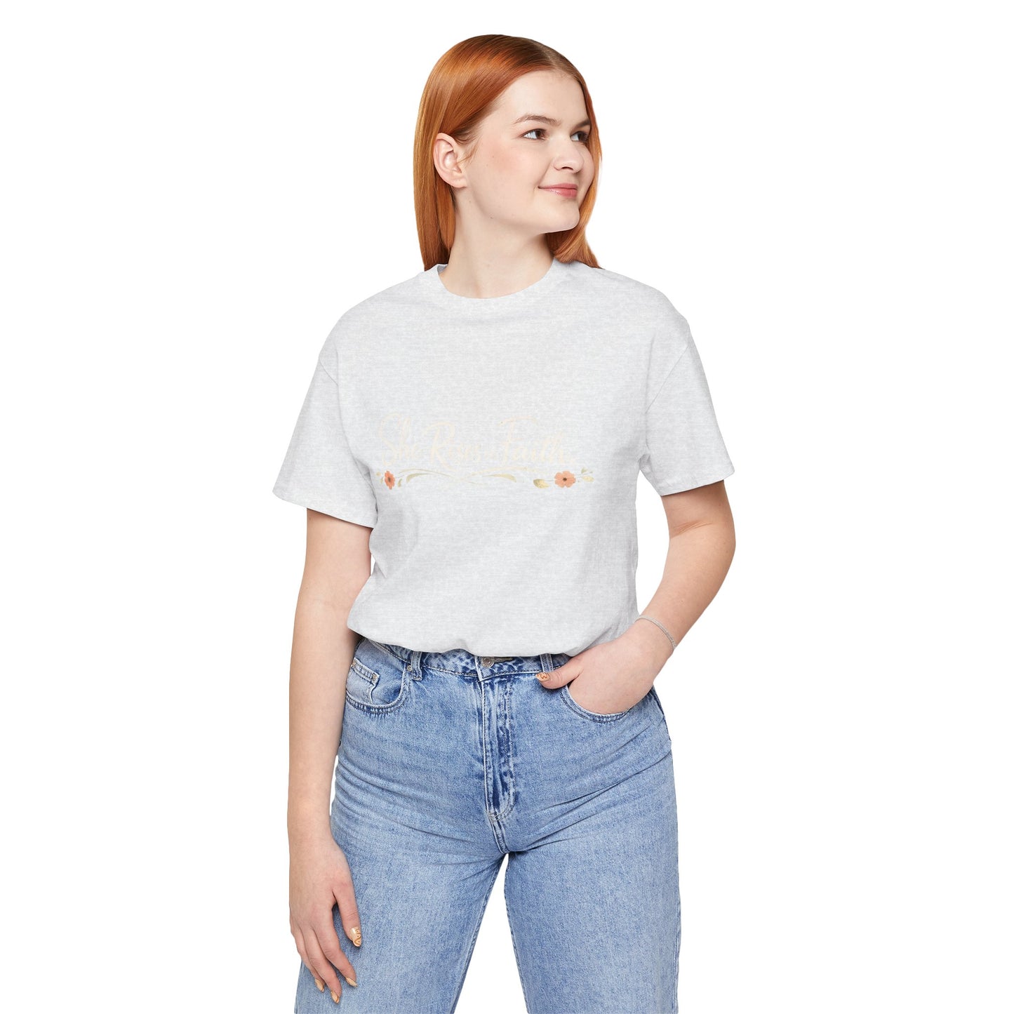 "She Rises In Faith" Chest Tee – Delicate Peach Blossom Graphic