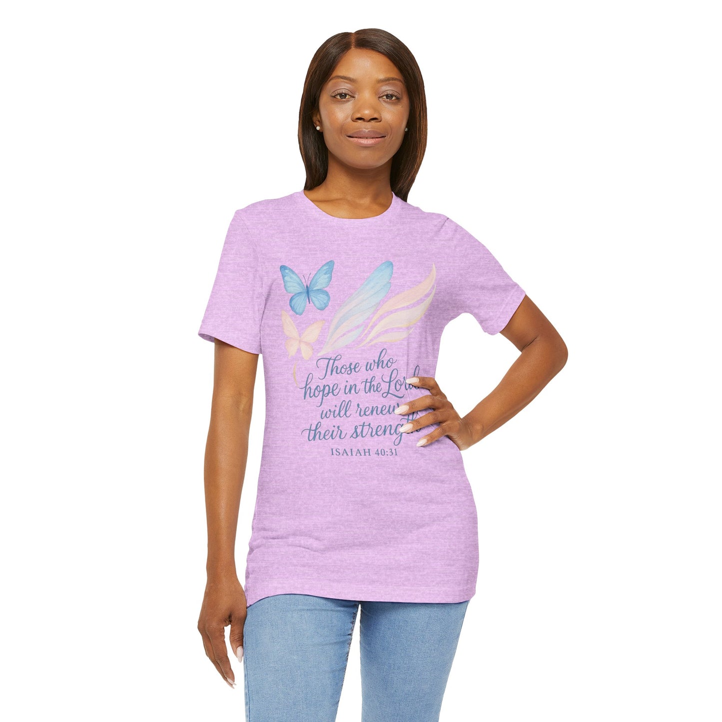 Inspirational Scripture T-Shirt – "Those Who Hope in the Lord" Isaiah 40:31, Pastel Butterflies