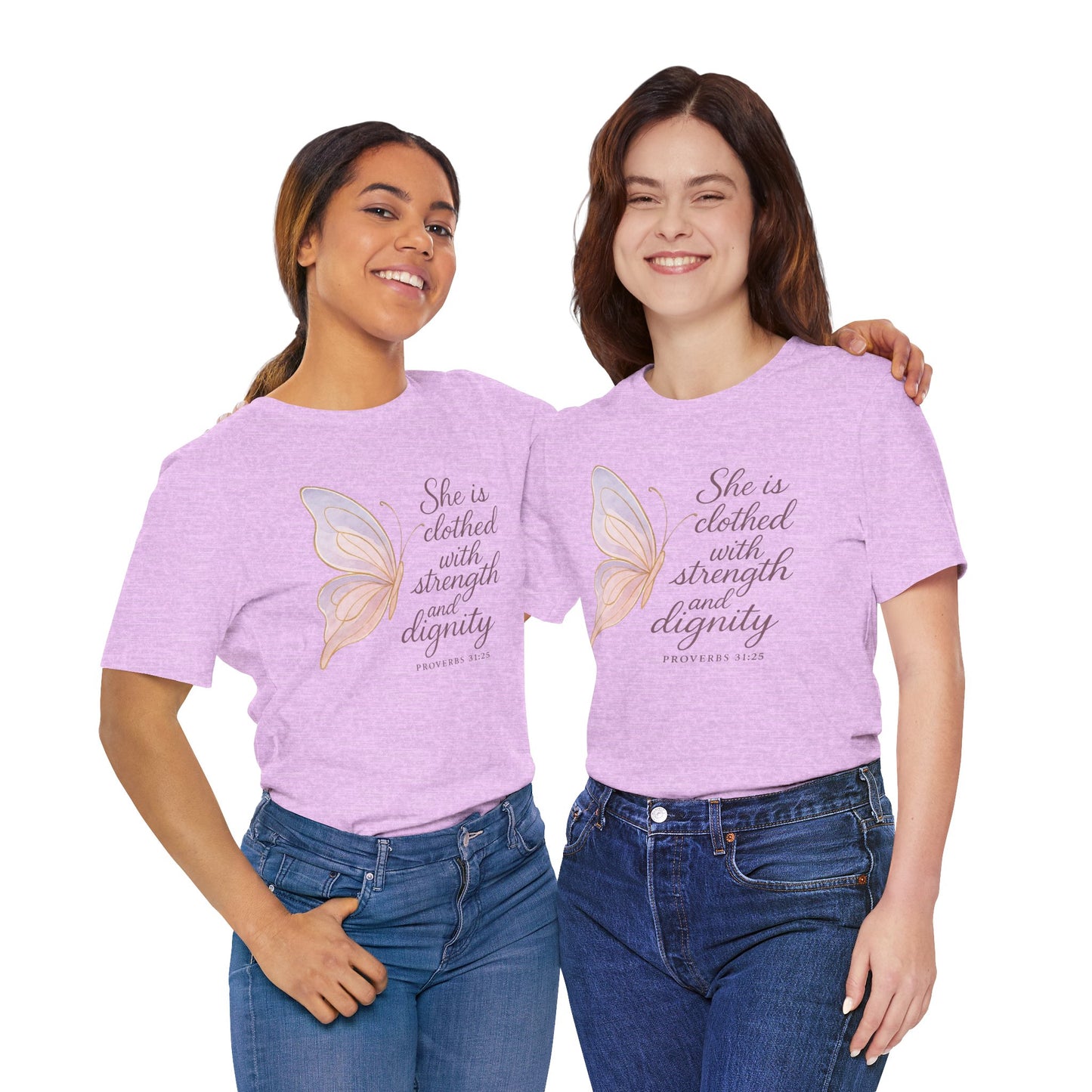 Inspirational "She is clothed with strength and dignity" Butterfly T-Shirt