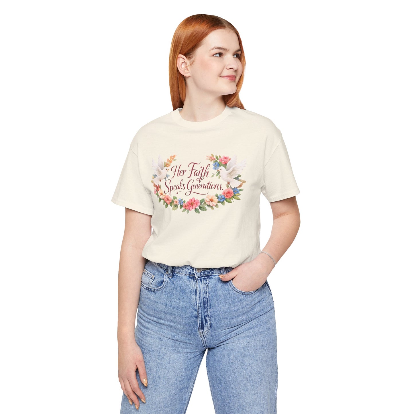 Her Faith Speaks Generations T-Shirt — Floral Christian Inspirational Tee