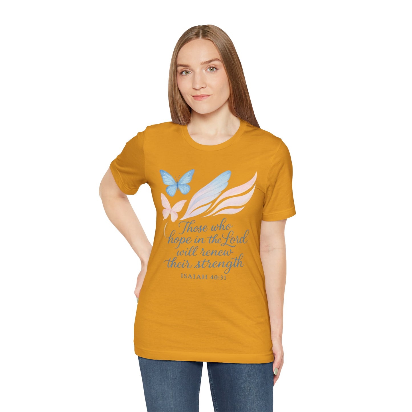 Inspirational Scripture T-Shirt – "Those Who Hope in the Lord" Isaiah 40:31, Pastel Butterflies