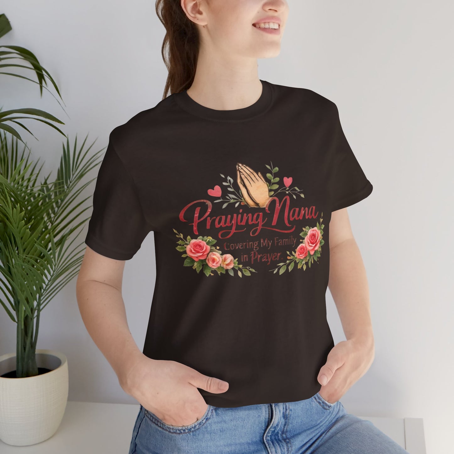 Praying Nana T-Shirt – Floral Praying Hands "Covering My Family in Prayer" Grandma Gift