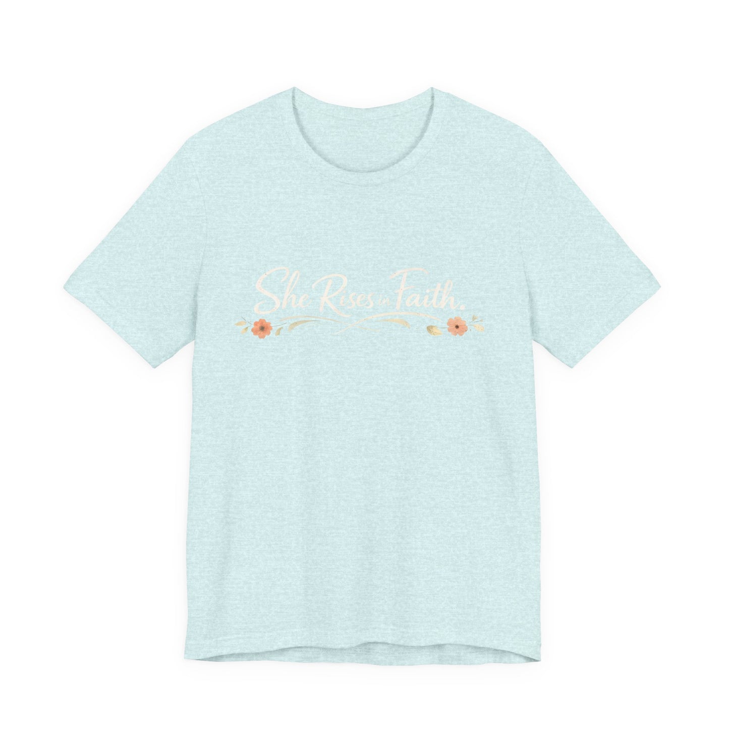 "She Rises In Faith" Chest Tee – Delicate Peach Blossom Graphic
