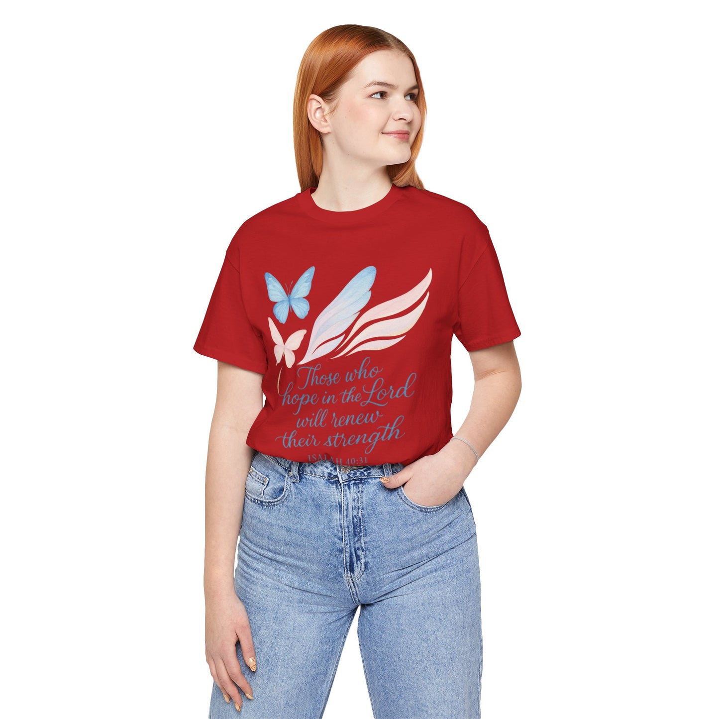 Inspirational Scripture T-Shirt – "Those Who Hope in the Lord" Isaiah 40:31, Pastel Butterflies