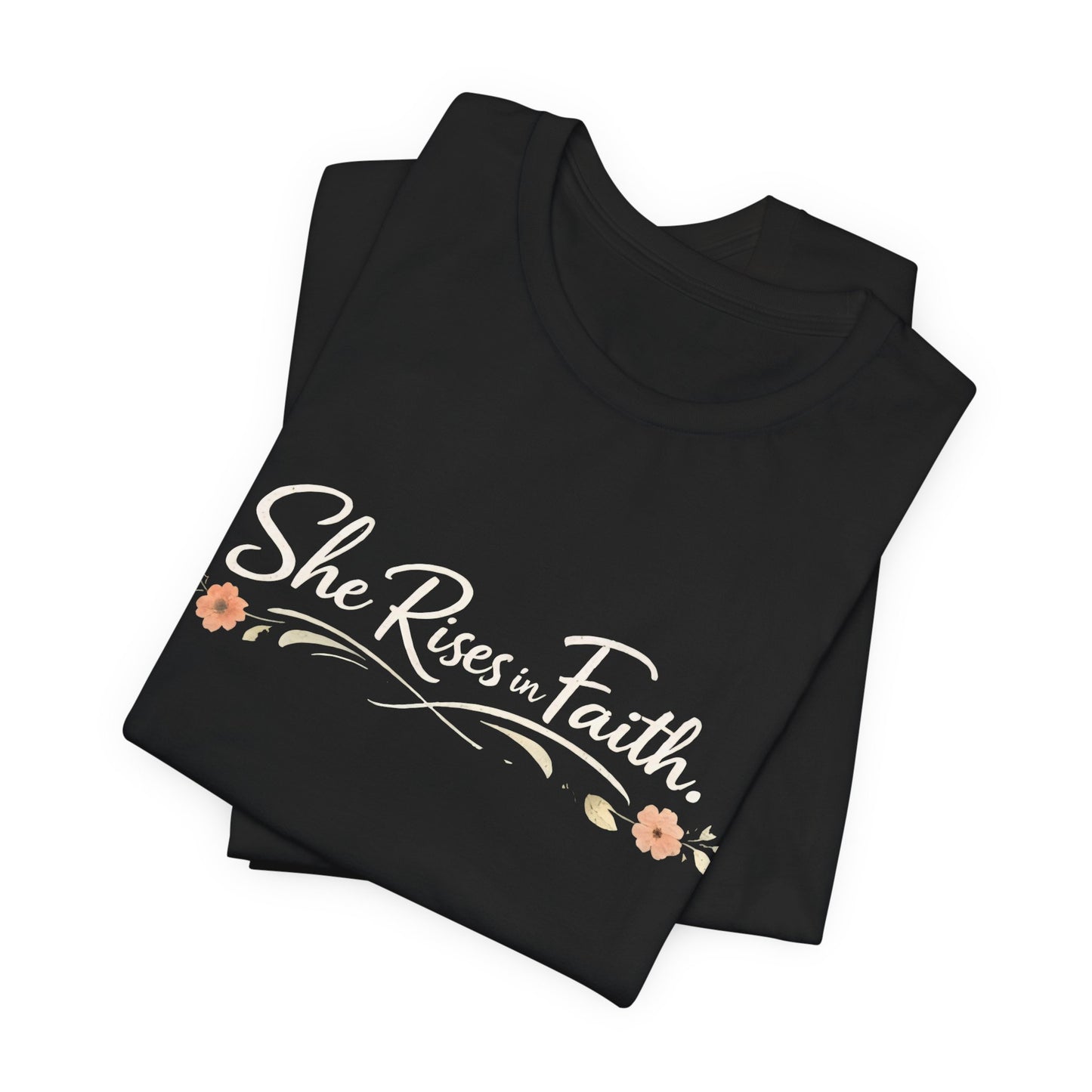 "She Rises In Faith" Chest Tee – Delicate Peach Blossom Graphic