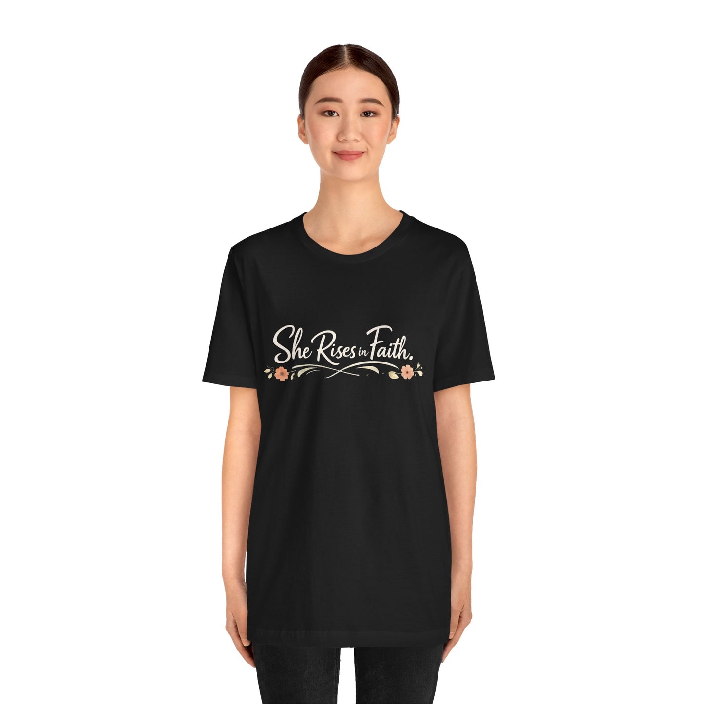 "She Rises In Faith" Chest Tee – Delicate Peach Blossom Graphic