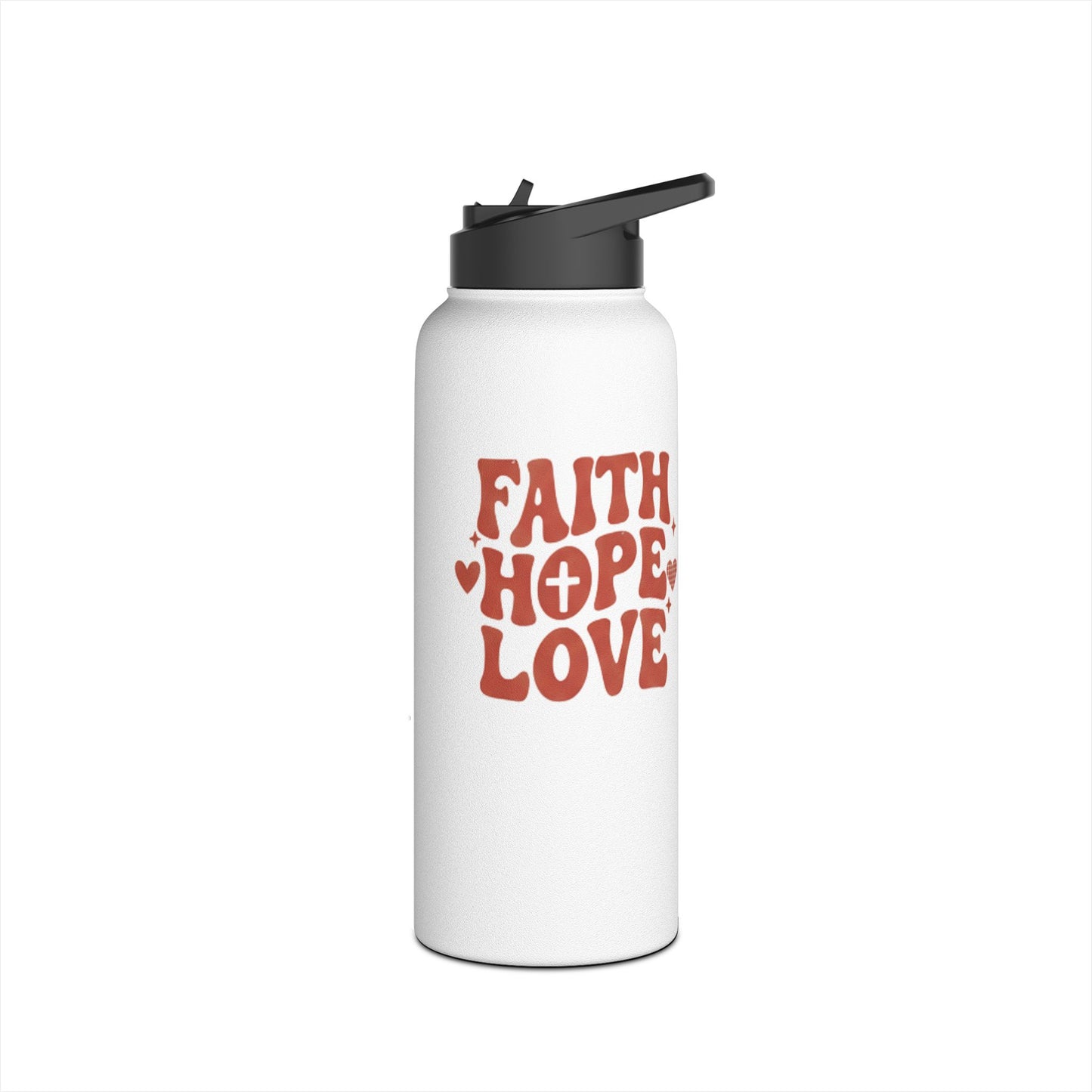 Faith Hope Love Stainless Steel Water Bottle — Retro Heart Typography