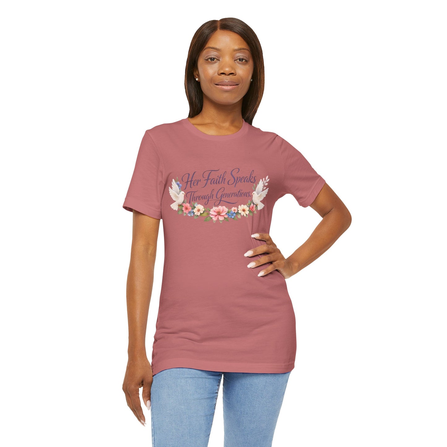 Her Faith Speaks Through Generations T-Shirt — Floral Inspirational Christian Tee
