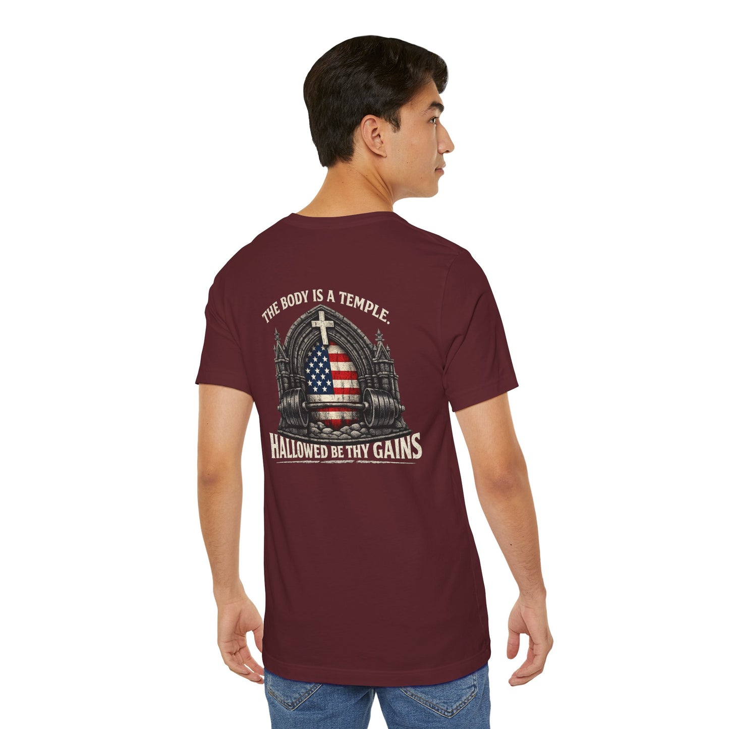 Patriotic Gym Tee — “The Body Is a Temple” American Flag Fitness T-Shirt