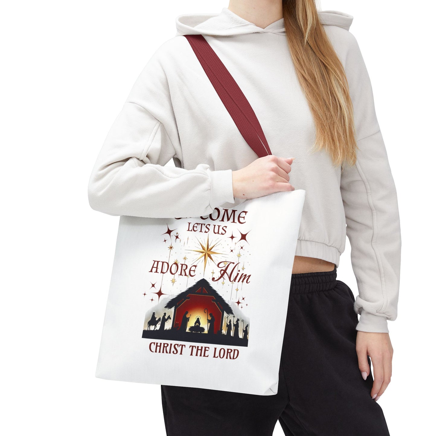 Nativity Scene Tote Bag with 'Oh come let us adore Him, Christ the Lord' Phrase
