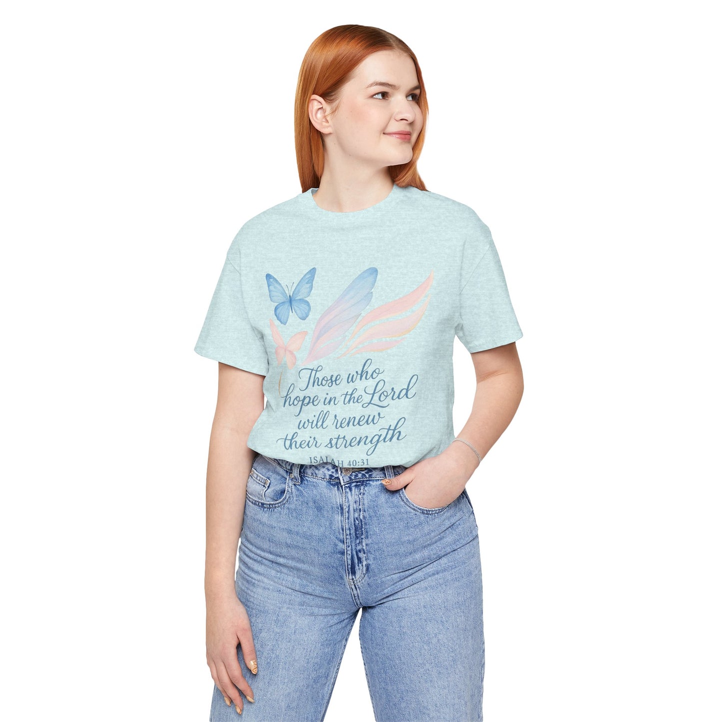 Inspirational Scripture T-Shirt – "Those Who Hope in the Lord" Isaiah 40:31, Pastel Butterflies