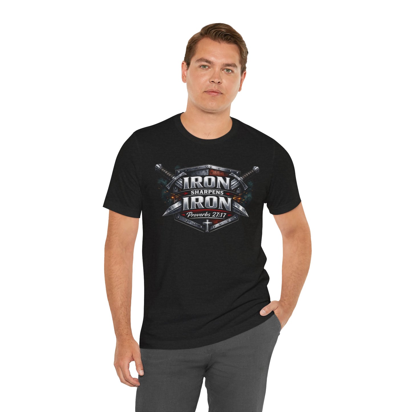 Iron Sharpens Iron T-Shirt — Faith-Based Proverbs 27:17 Graphic Tee