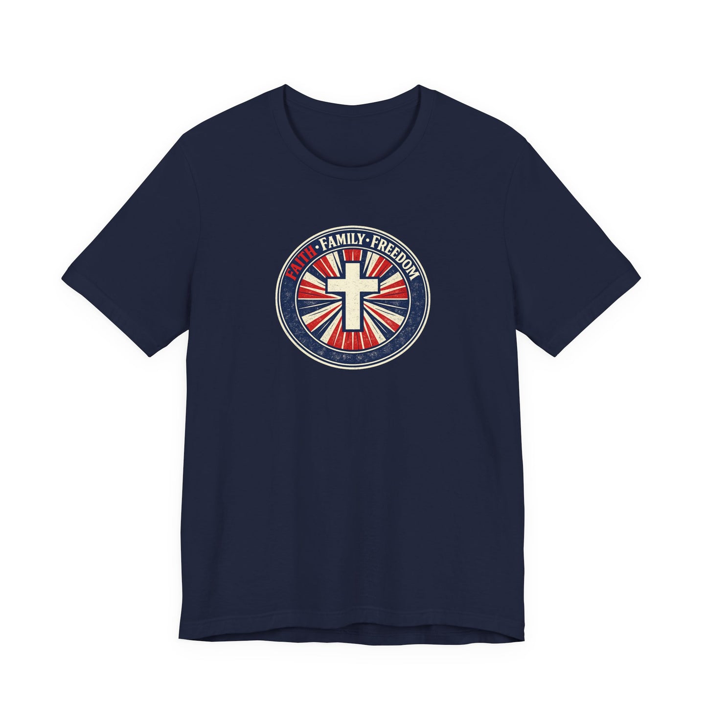 Faith Family Freedom T‑Shirt — Cross Emblem Patriotic Graphic Tee