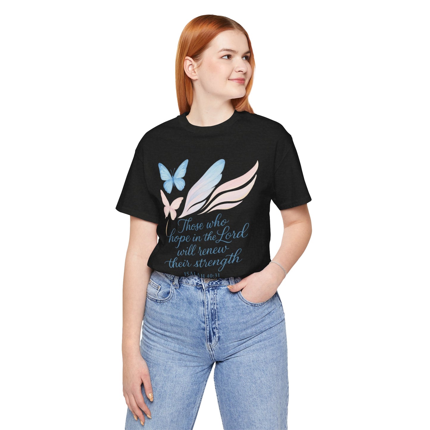 Inspirational Scripture T-Shirt – "Those Who Hope in the Lord" Isaiah 40:31, Pastel Butterflies