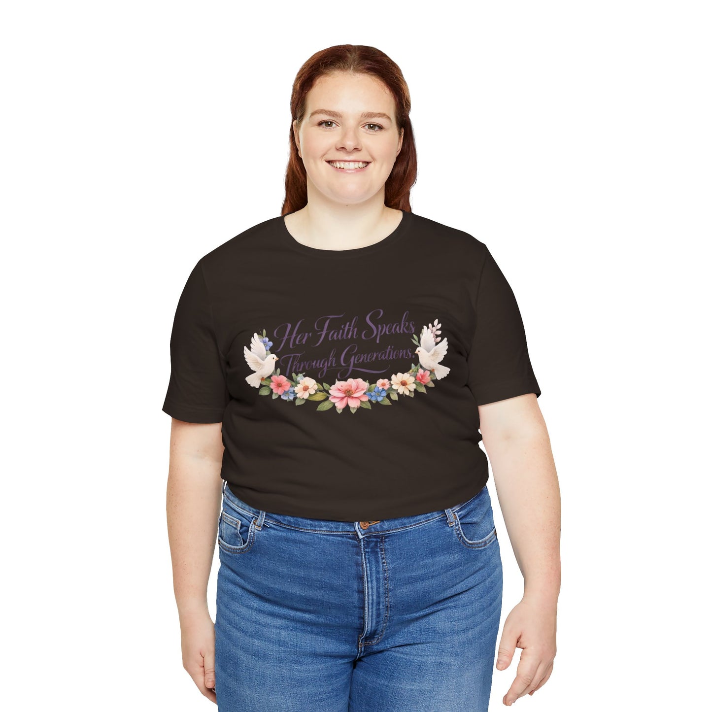 Her Faith Speaks Through Generations T-Shirt — Floral Inspirational Christian Tee