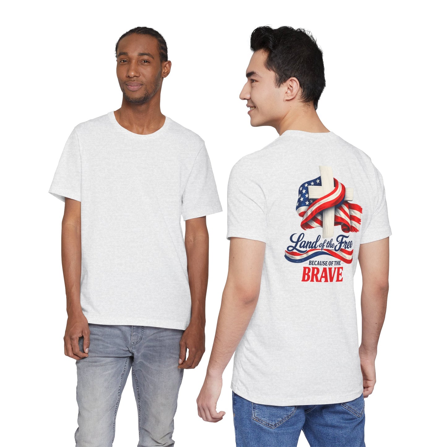 Land of the Free Because of the Brave Tee - Patriotic American Flag Cross T-Shirt