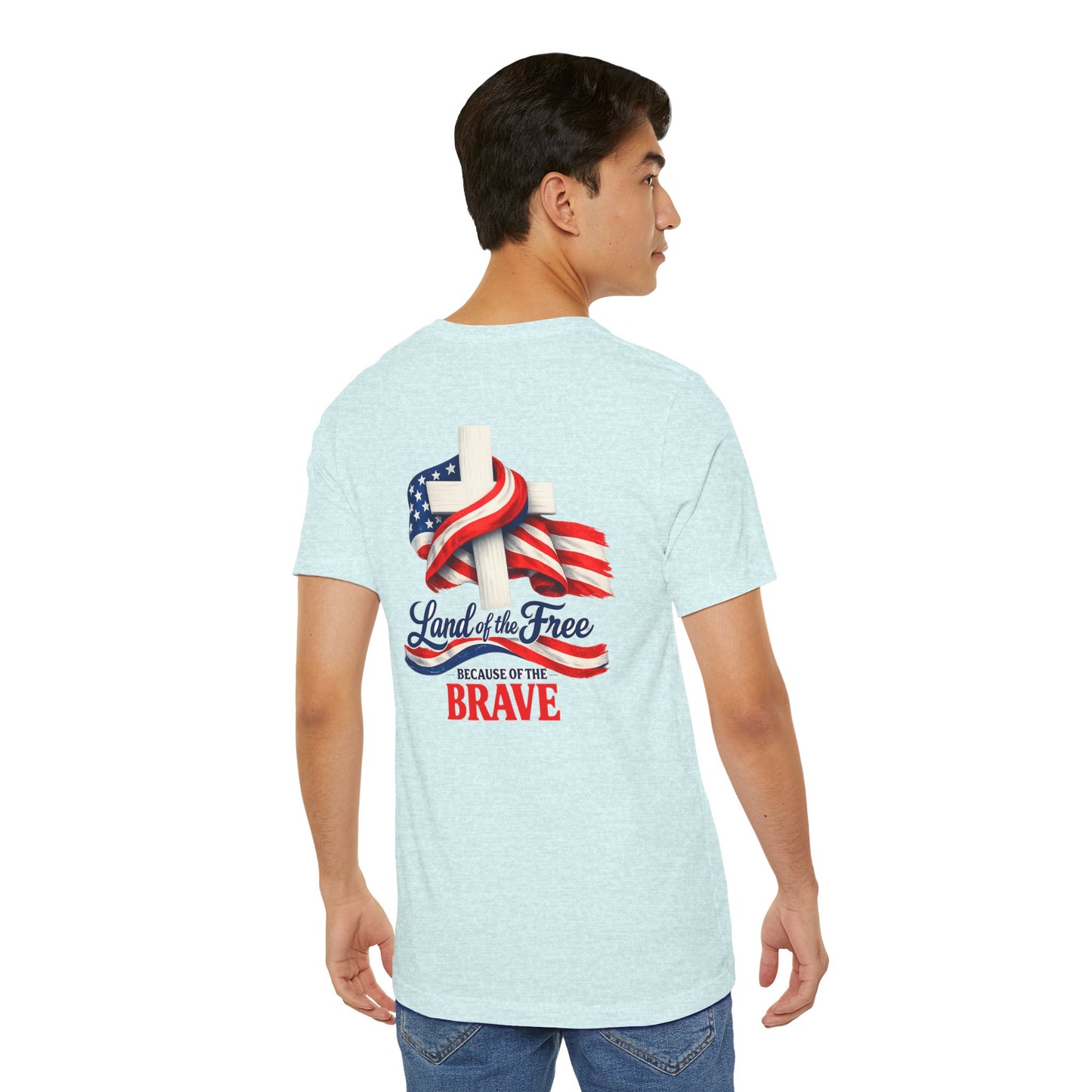 Land of the Free Because of the Brave Tee - Patriotic American Flag Cross T-Shirt