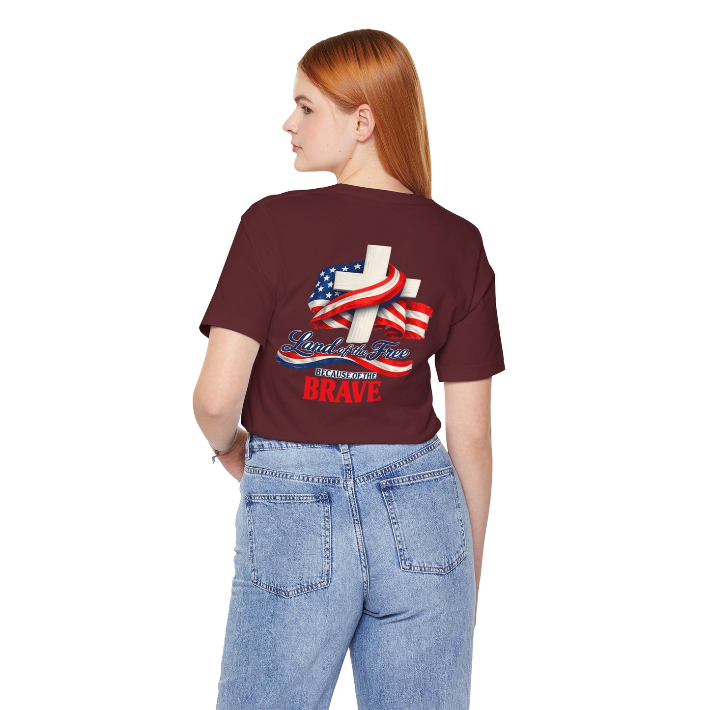 Land of the Free Because of the Brave Tee - Patriotic American Flag Cross T-Shirt