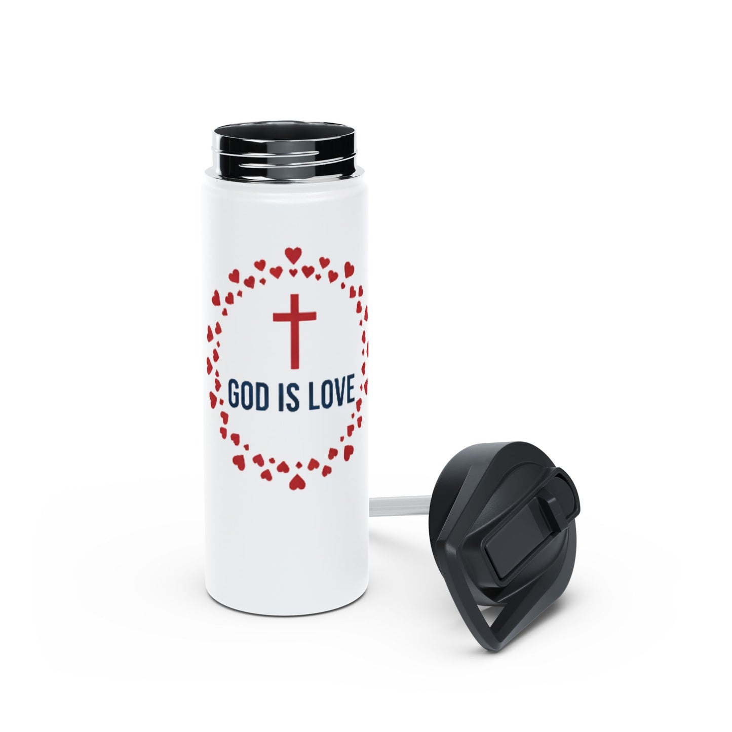 God Is Love Stainless Steel Water Bottle — Christian Cross Heart Design