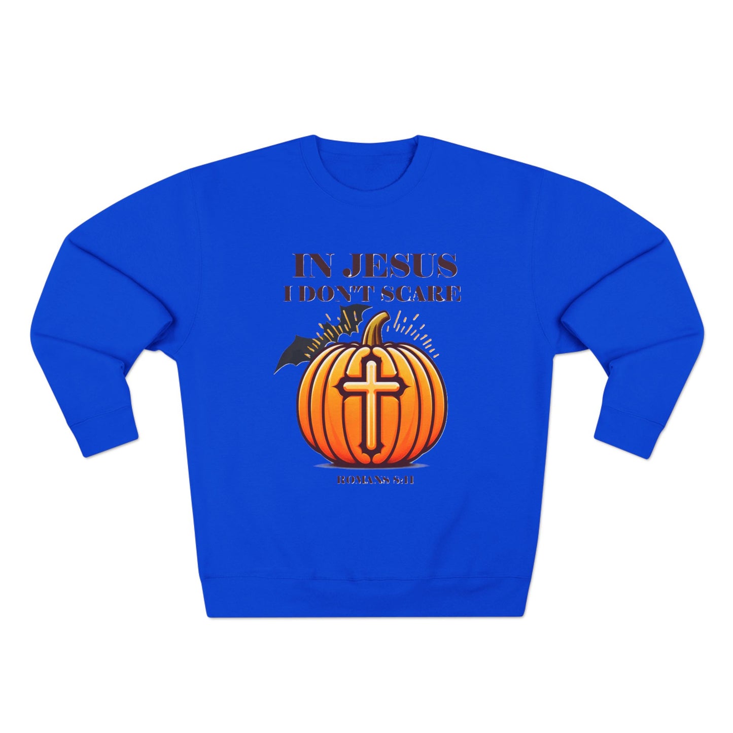 Christian Unisex Crewneck Sweatshirt with Bible Verse Romans 8:11 'IN JESUS I DON'T SCARE'