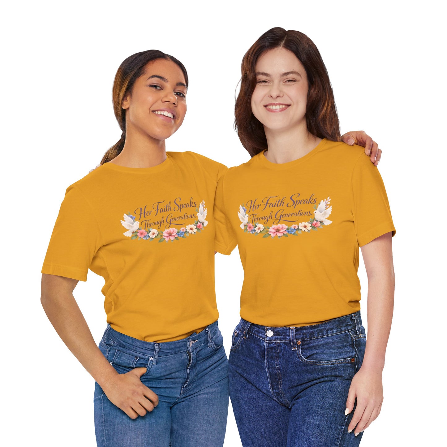 Her Faith Speaks Through Generations T-Shirt — Floral Inspirational Christian Tee