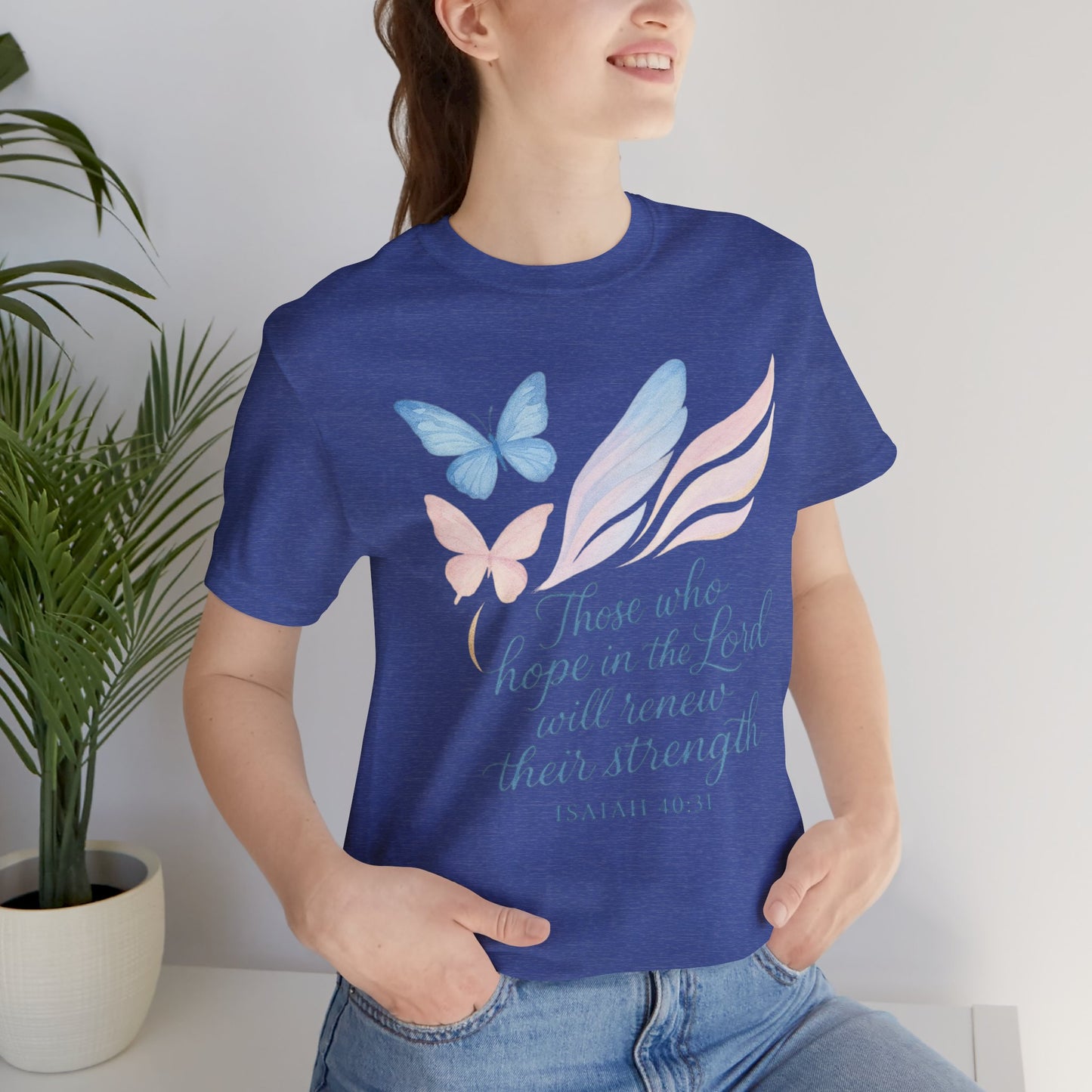 Inspirational Scripture T-Shirt – "Those Who Hope in the Lord" Isaiah 40:31, Pastel Butterflies