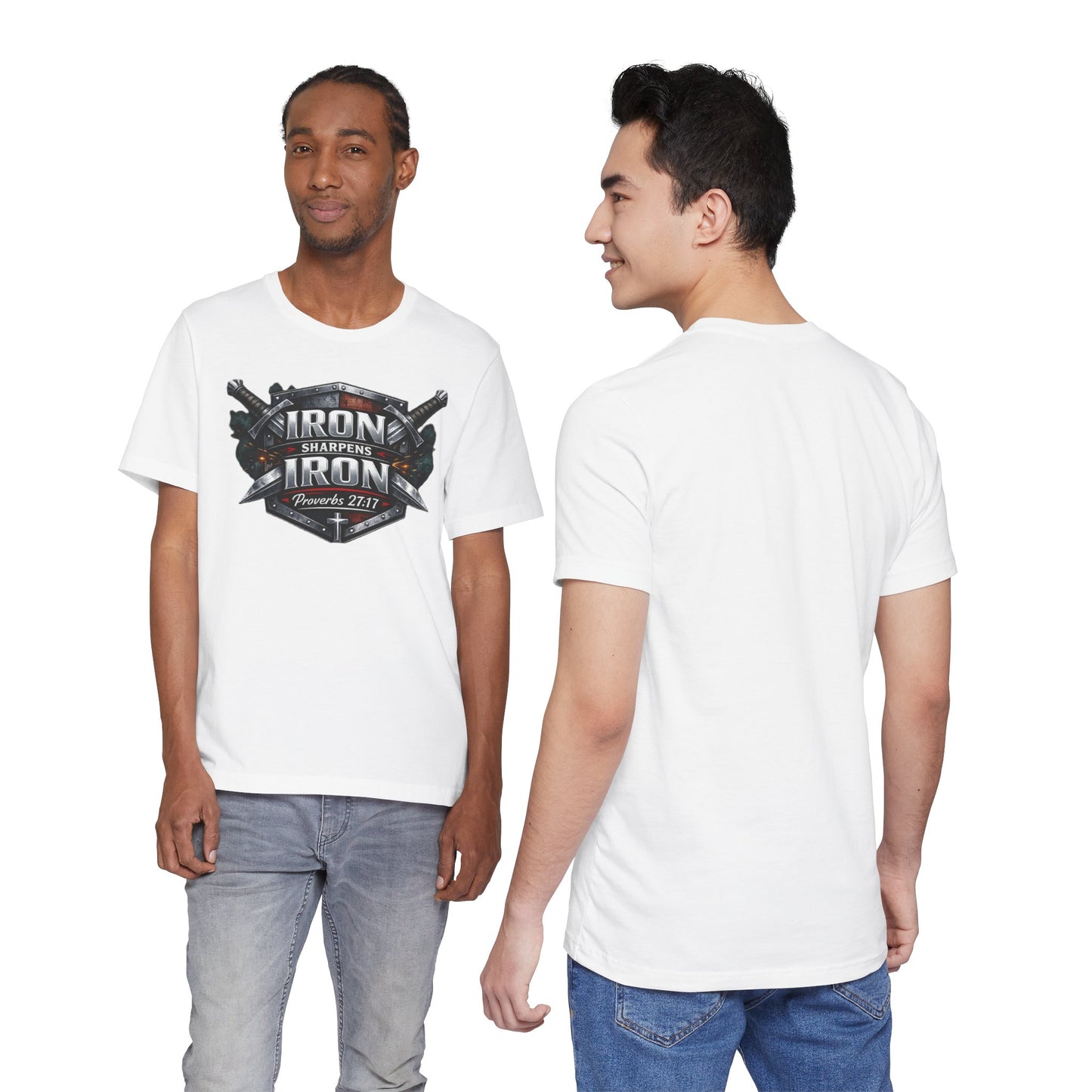 Iron Sharpens Iron T-Shirt — Faith-Based Proverbs 27:17 Graphic Tee