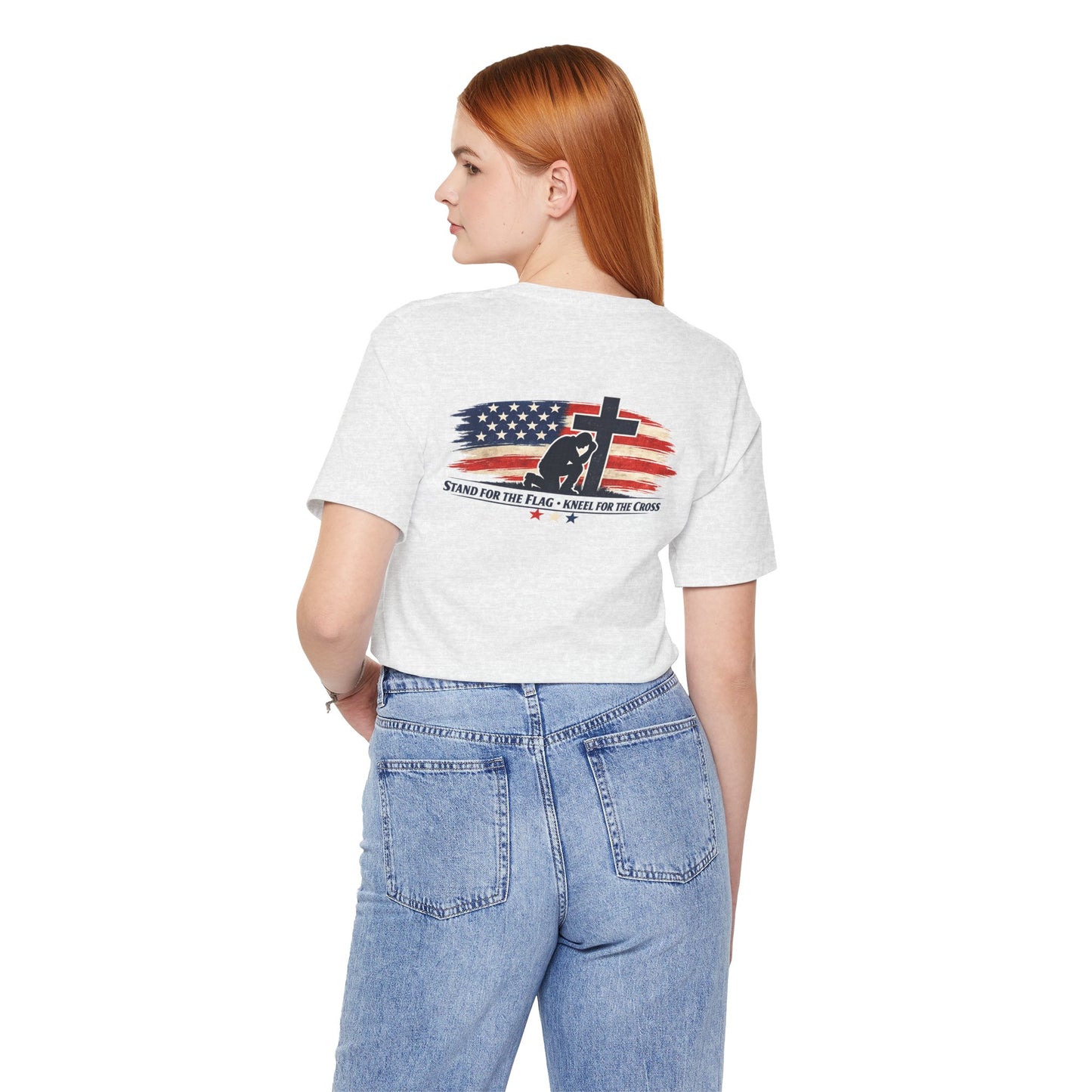 Patriotic Cross Tee – "Stand for the Flag, Kneel for the Cross" Short Sleeve T-Shirt